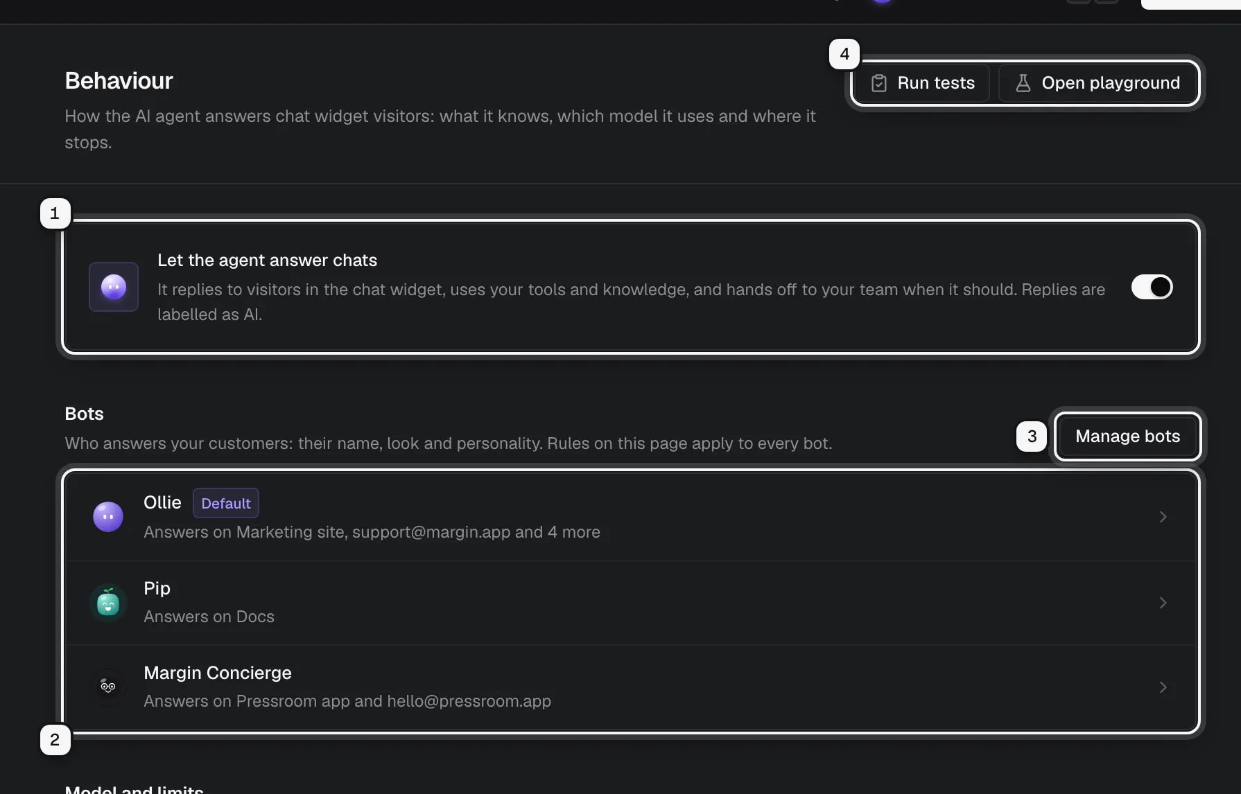 The Behaviour page: Let the agent answer chats ringed as 1, the list of bots and where each answers as 2, Manage bots as 3, and Run tests and Open playground as 4