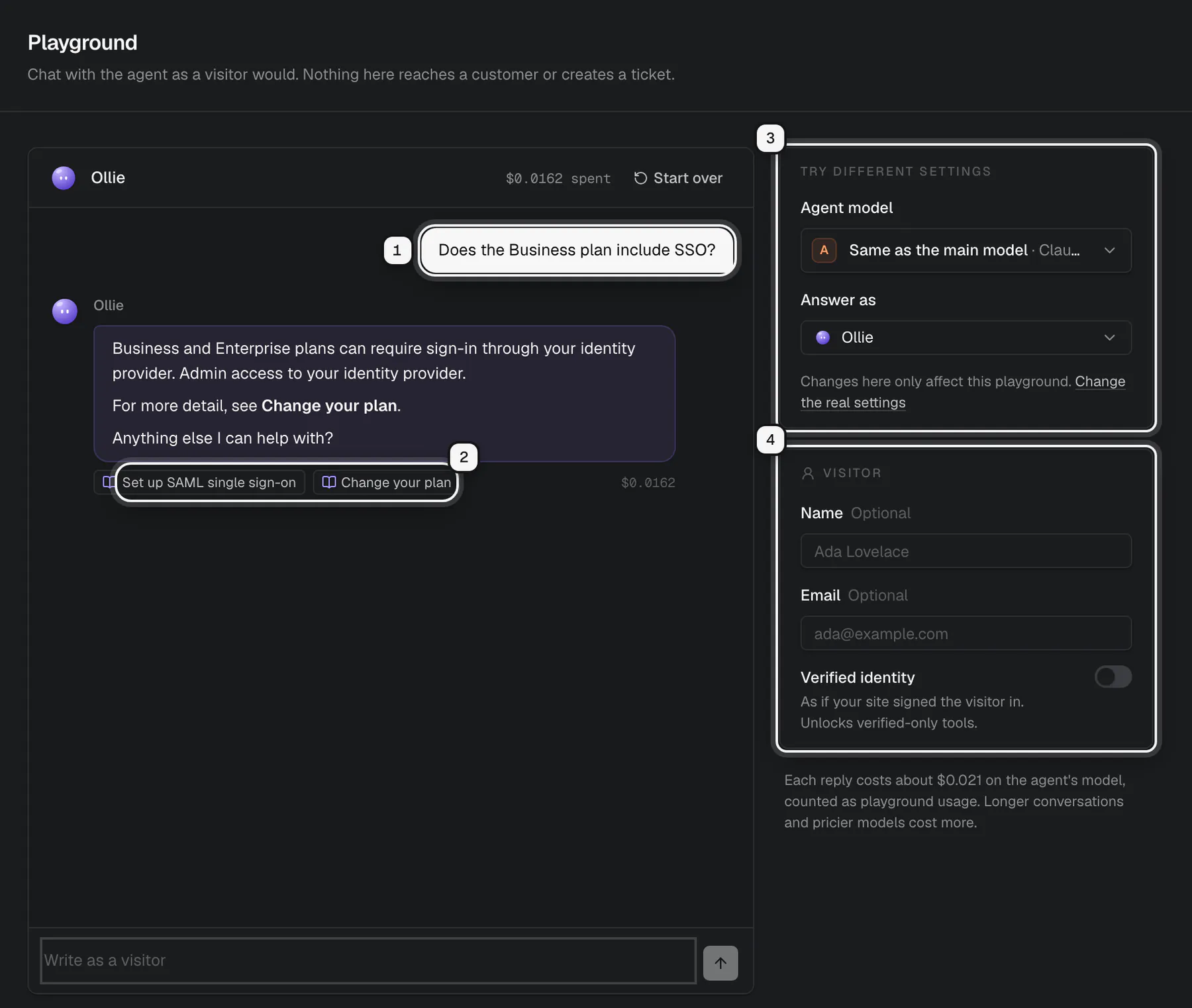 The playground: a visitor question ringed as 1, the cited articles under the answer ringed as 2, Try different settings ringed as 3, and the Visitor card ringed as 4