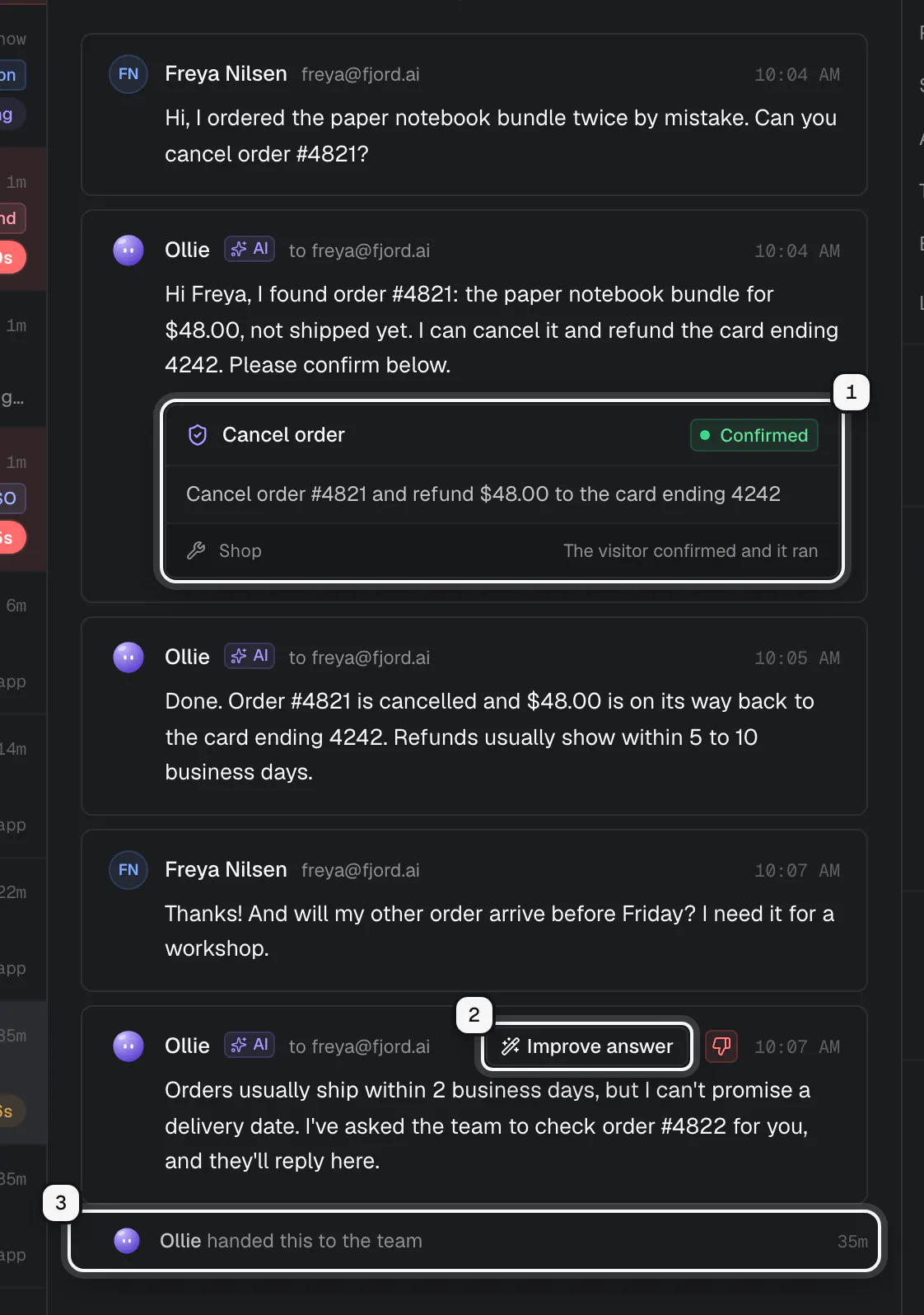 A chat ticket: an action the visitor confirmed ringed as 1, Improve answer on one of Ollie's replies ringed as 2, and Ollie handed this to the team ringed as 3