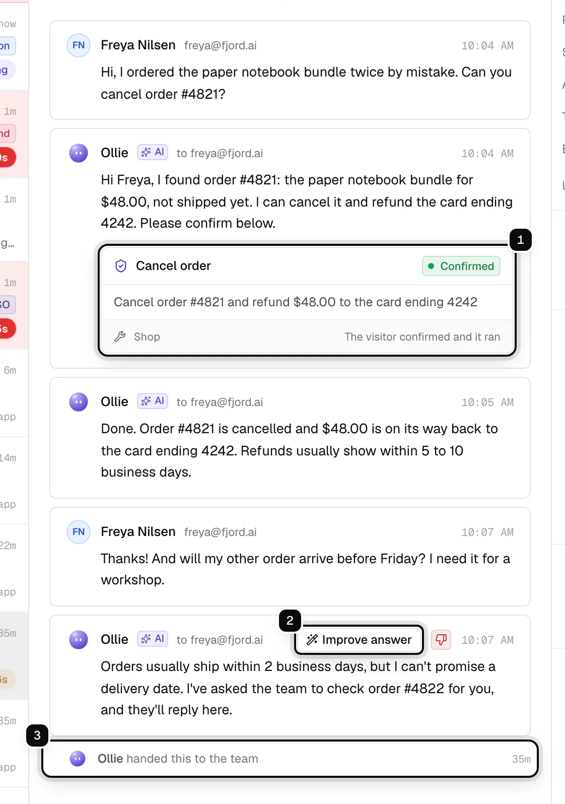 A chat ticket: an action the visitor confirmed ringed as 1, Improve answer on one of Ollie's replies ringed as 2, and Ollie handed this to the team ringed as 3