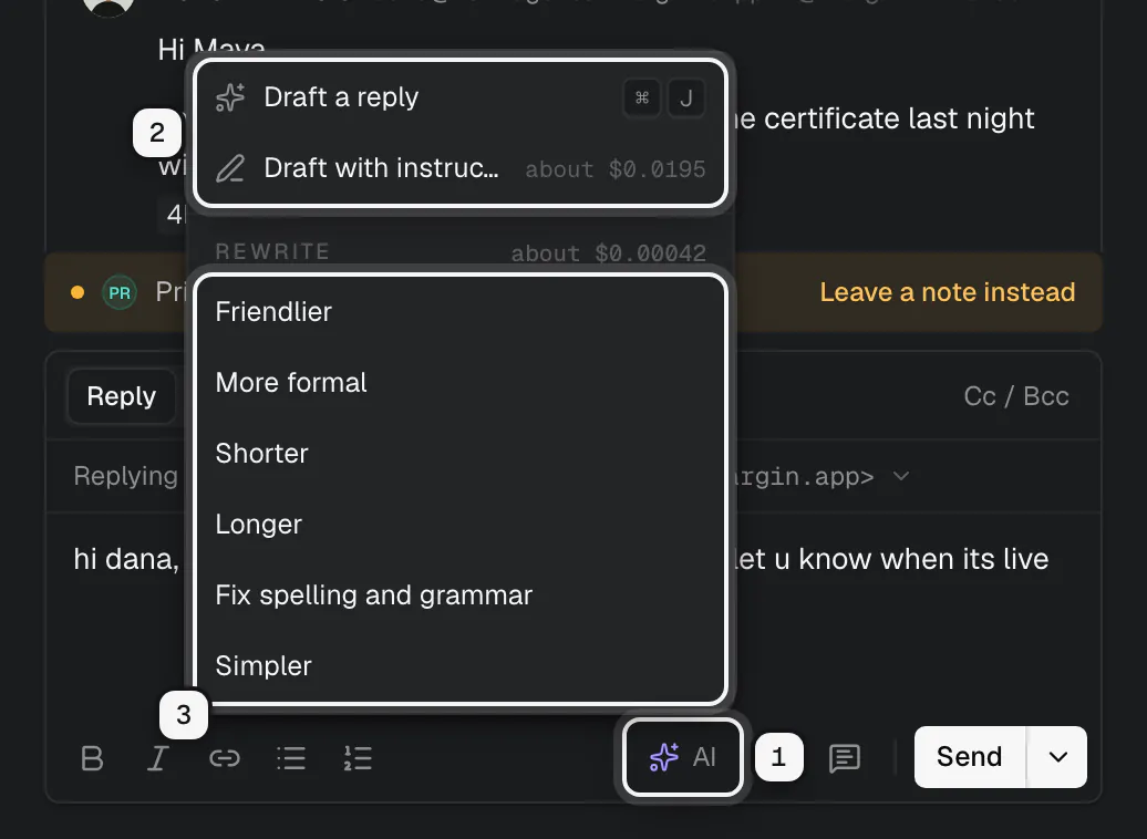 The reply box with the AI button ringed as 1, and its menu open: Draft a reply and Draft with instructions ringed as 2, the rewrite options from Friendlier to Simpler ringed as 3