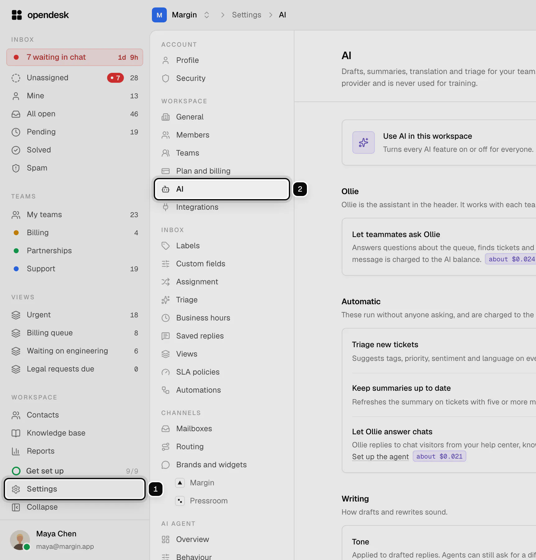 The sidebar with Settings ringed as 1 and the AI page in the settings menu ringed as 2