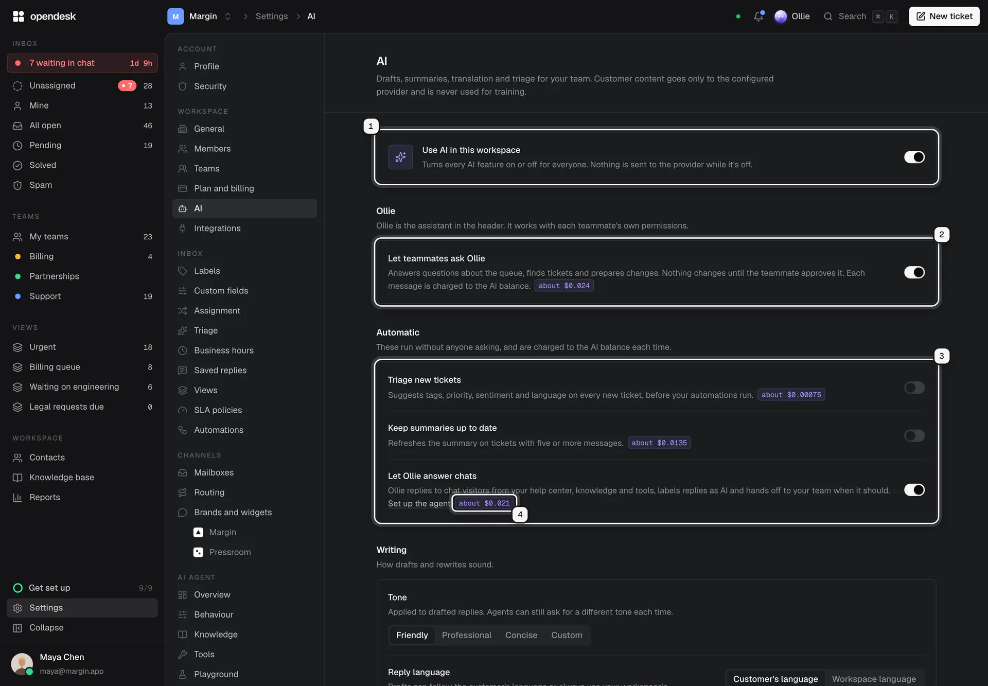 Settings, AI: Use AI in this workspace ringed as 1, Let teammates ask Ollie as 2, the automatic features (triage, summaries and chat answers) as 3, and a cost estimate pill as 4