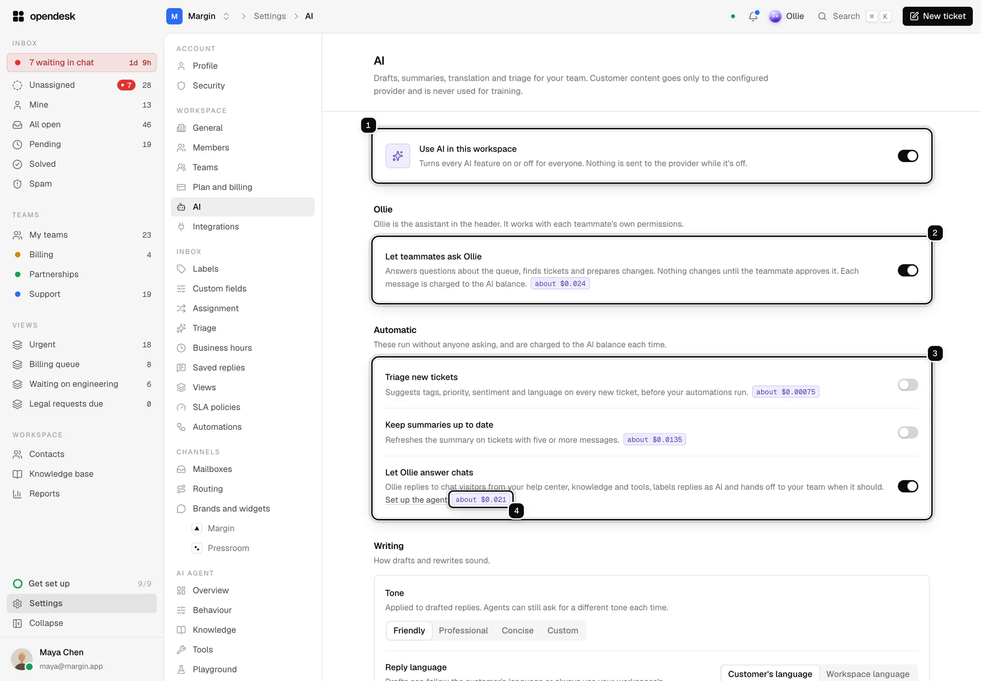 Settings, AI: Use AI in this workspace ringed as 1, Let teammates ask Ollie as 2, the automatic features (triage, summaries and chat answers) as 3, and a cost estimate pill as 4