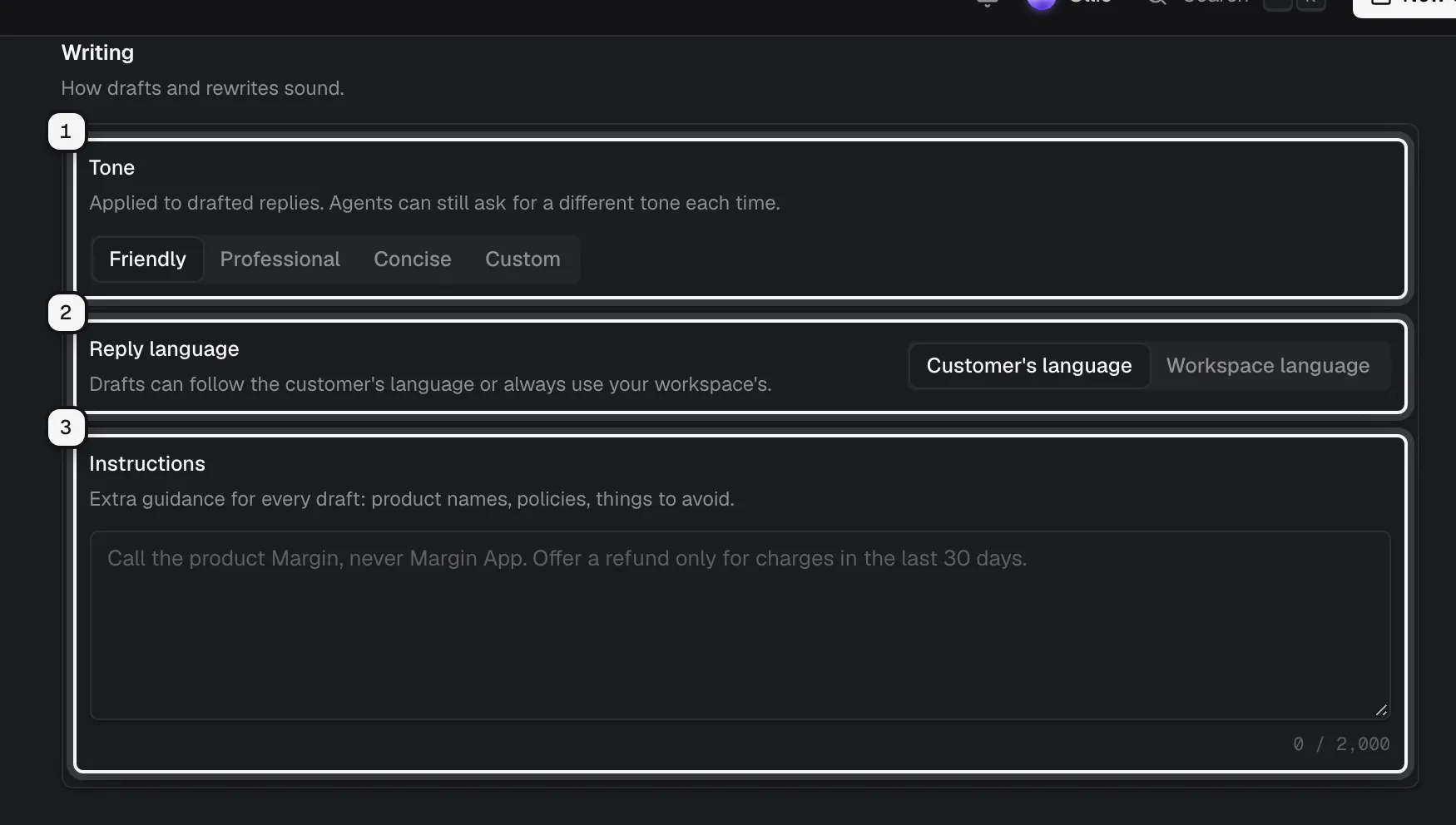 The Writing section: Tone ringed as 1, Reply language as 2 and Instructions as 3