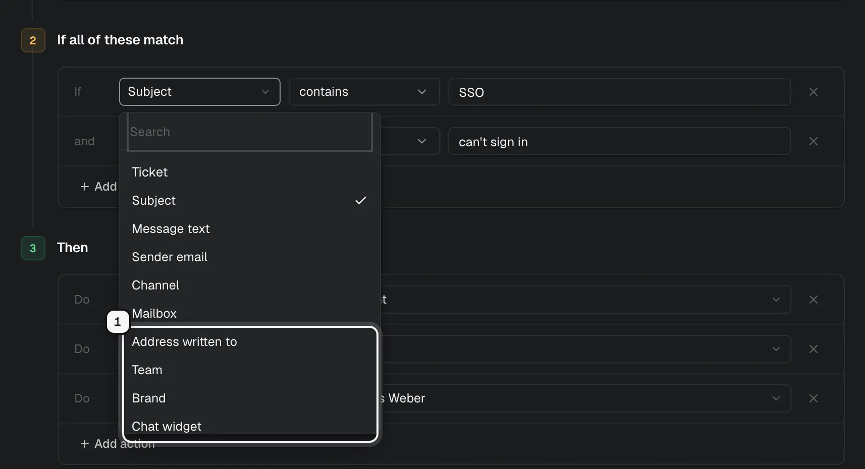The condition field picker open, with Address written to, Team, Brand and Chat widget ringed as 1, below Subject, Message text, Sender email, Channel and Mailbox