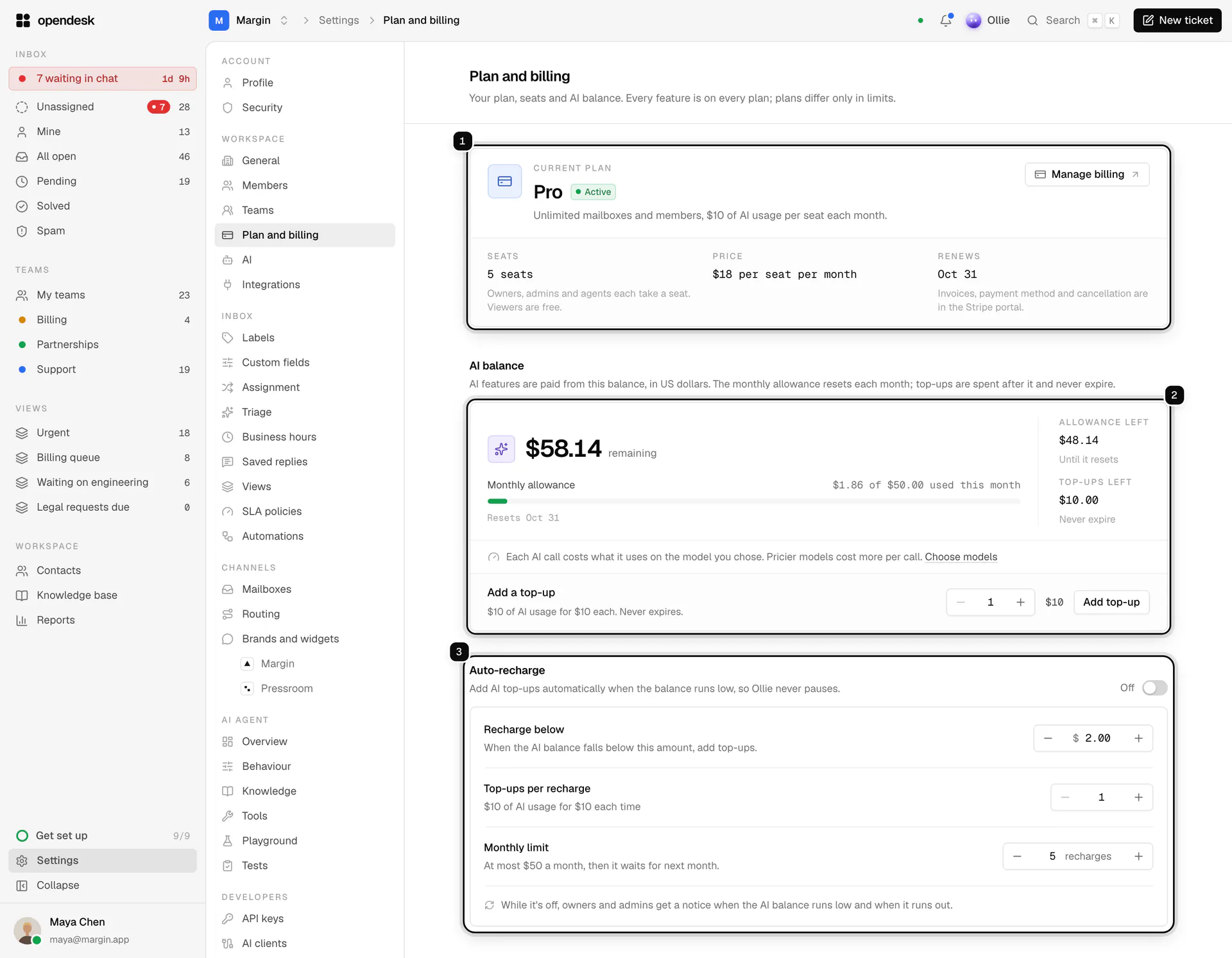 Settings, Plan and billing: the current plan ringed as 1, the AI balance as 2, and Auto-recharge as 3