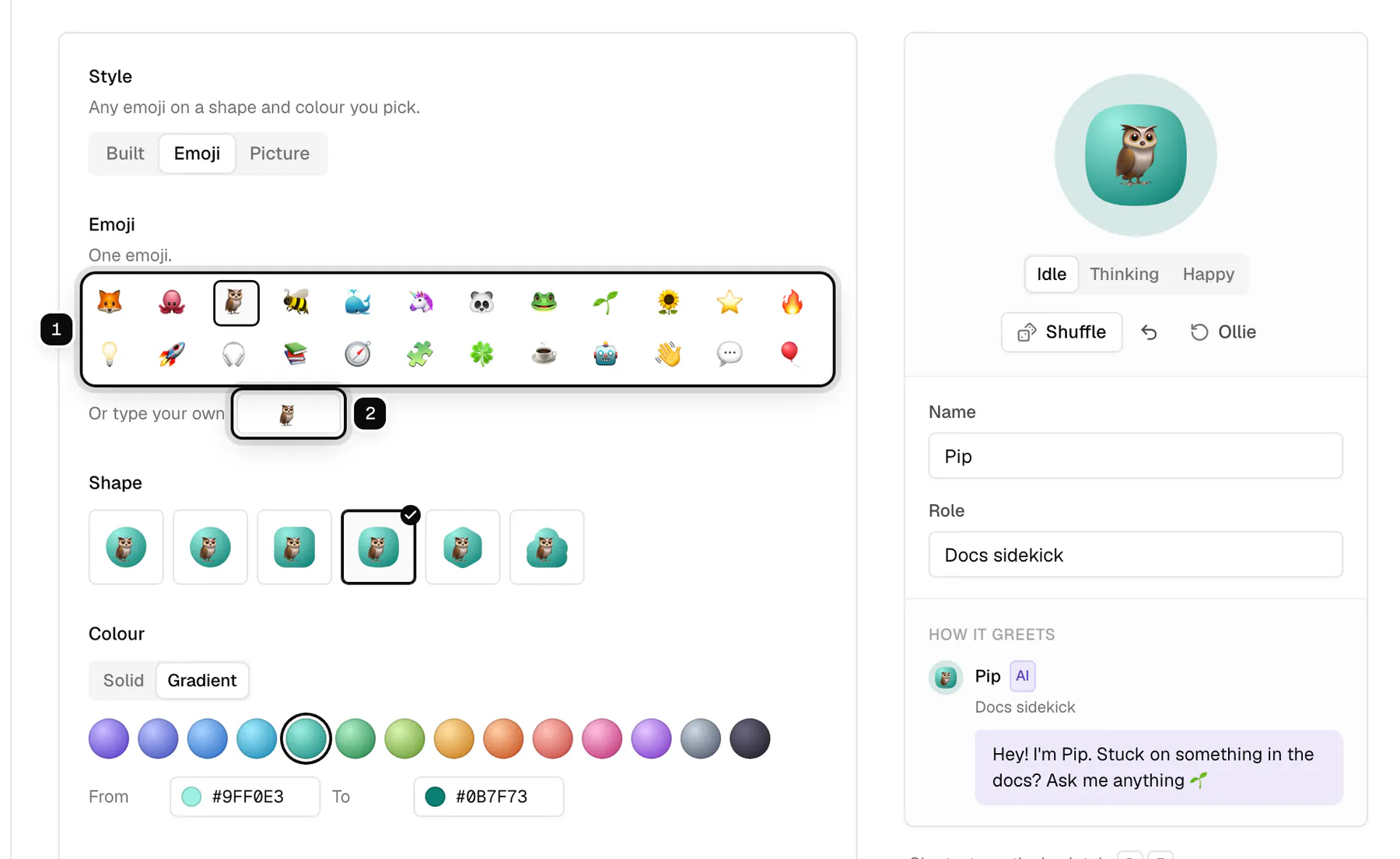 The Emoji style: the emoji choices ringed as 1 and Or type your own ringed as 2, with an owl on a teal squircle in the preview