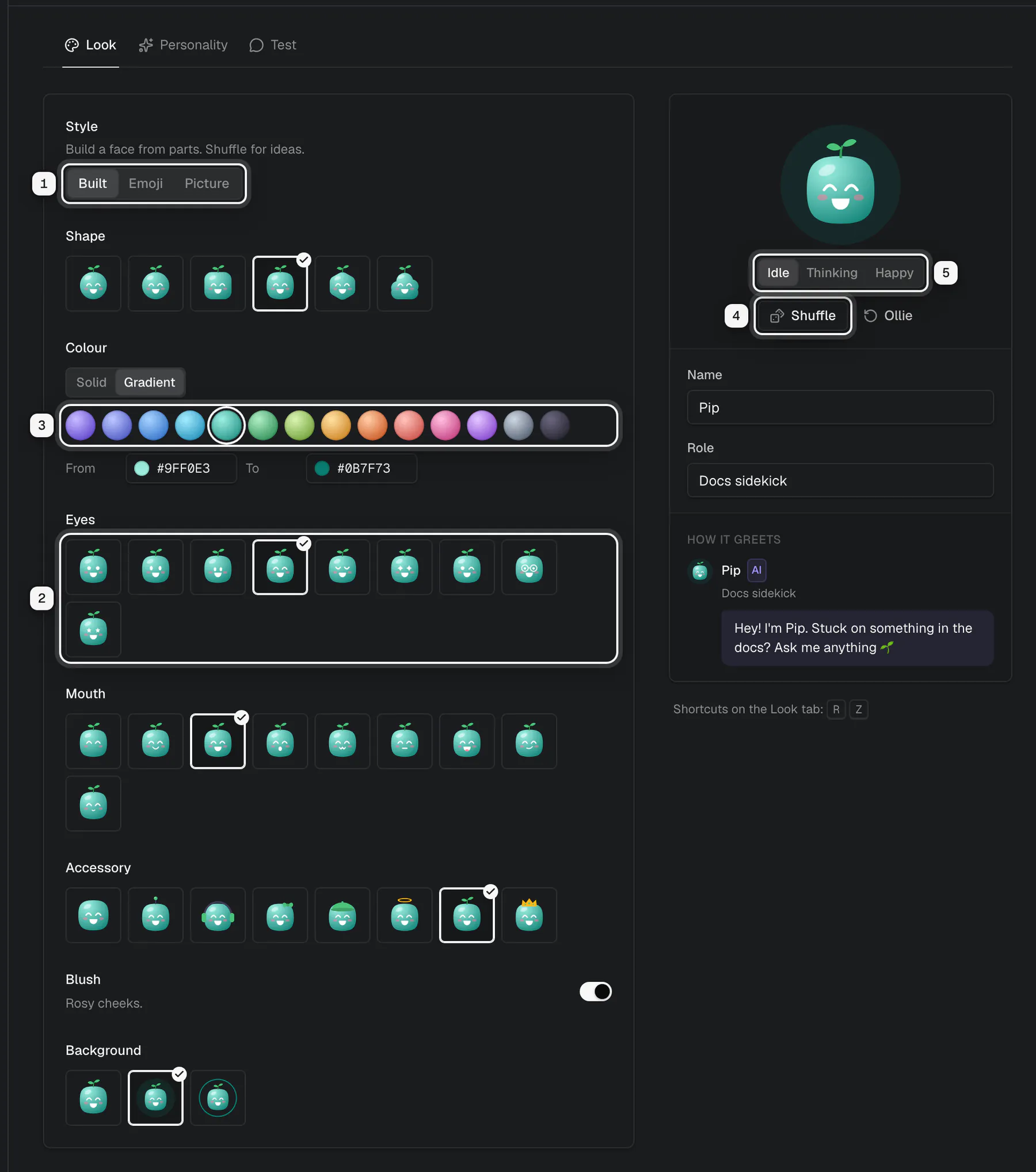 The Look tab of Pip: the Built, Emoji and Picture styles ringed as 1, the eye choices ringed as 2, the colours ringed as 3, Shuffle ringed as 4 and the Idle, Thinking and Happy previews ringed as 5