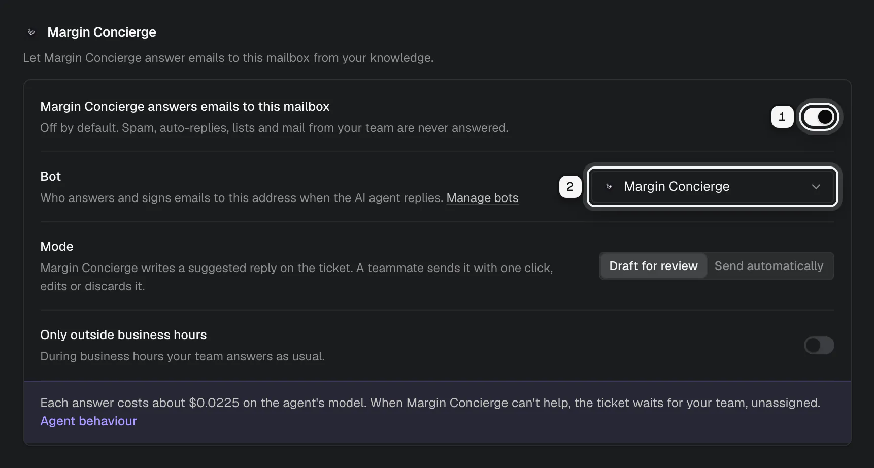 The Pressroom mailbox: answering emails turned on ringed as 1, and Margin Concierge picked as its bot ringed as 2