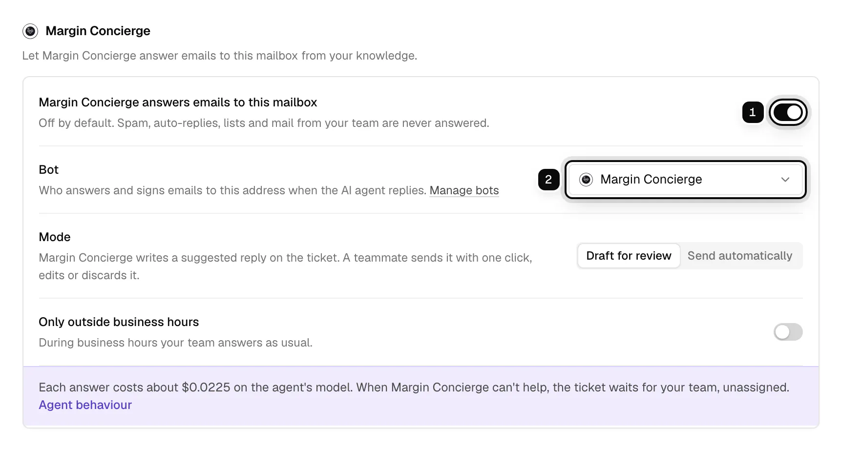 The Pressroom mailbox: answering emails turned on ringed as 1, and Margin Concierge picked as its bot ringed as 2
