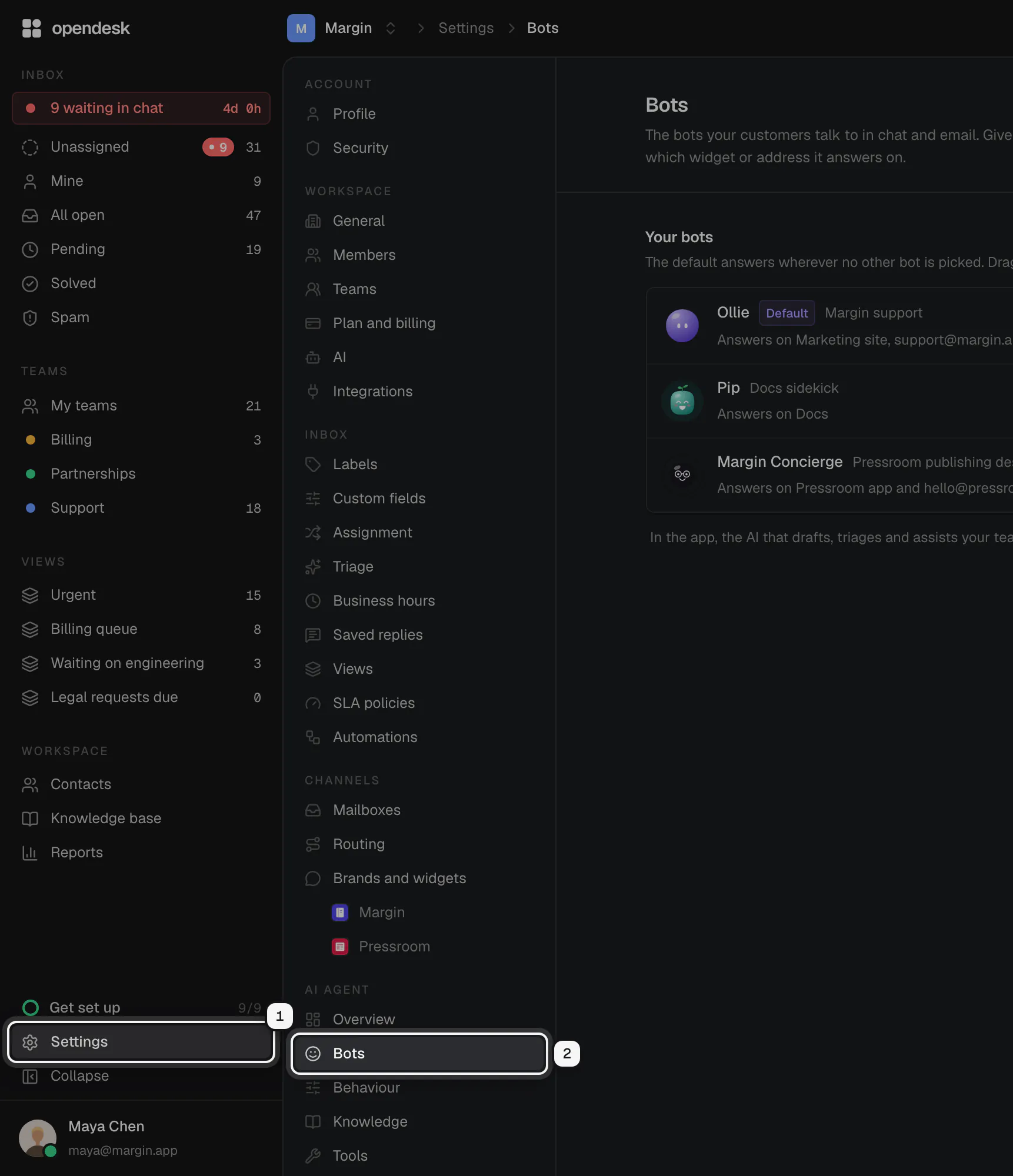The app with Settings in the sidebar ringed as 1 and Bots in the settings menu ringed as 2
