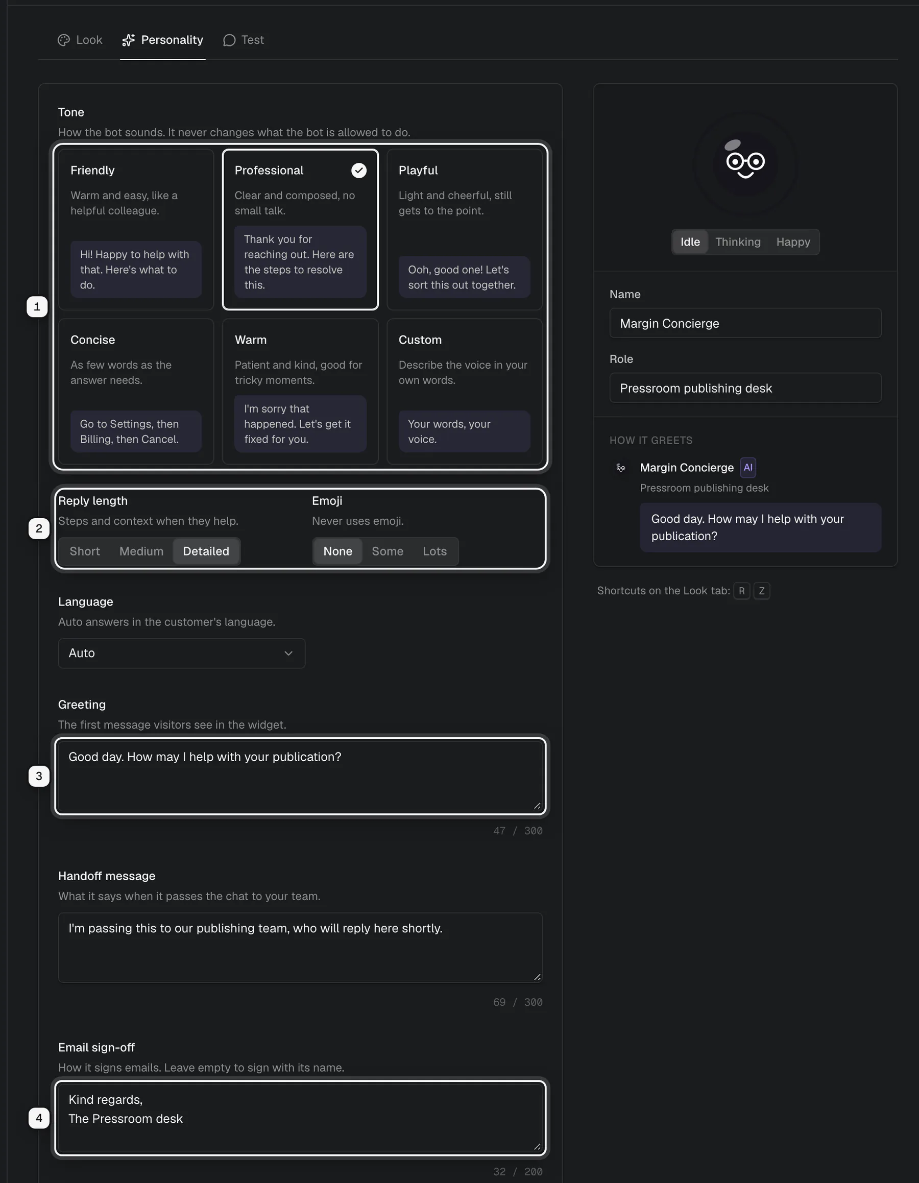 The Personality tab of Margin Concierge: the tone cards ringed as 1, Reply length and Emoji ringed as 2, the greeting ringed as 3 and the email sign-off ringed as 4