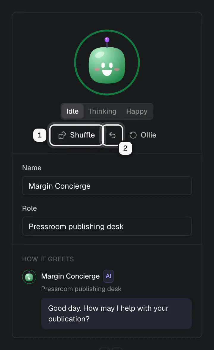 The preview card after a few shuffles: Shuffle ringed as 1 and Undo ringed as 2