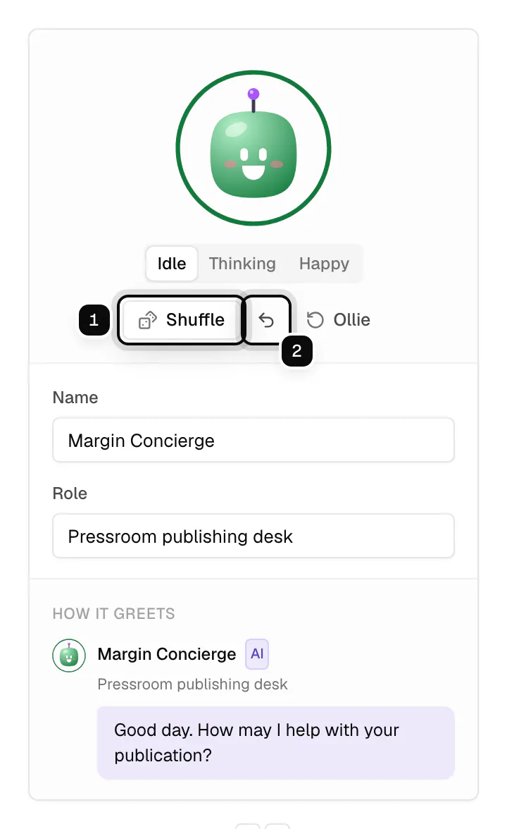 The preview card after a few shuffles: Shuffle ringed as 1 and Undo ringed as 2