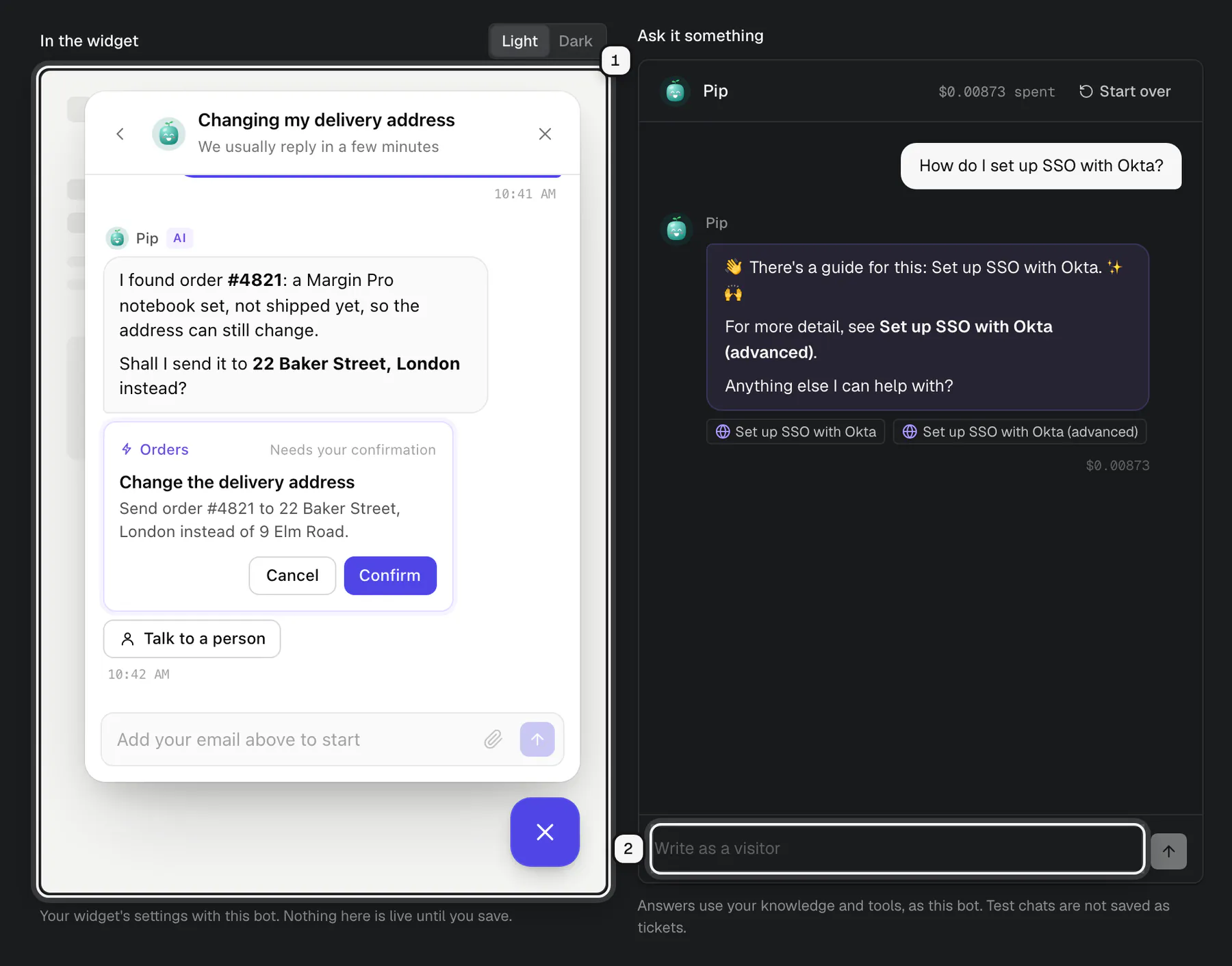 The Test tab of Pip: the widget preview with Pip in its header ringed as 1, and the test chat's message box ringed as 2, with Pip's playful answer above it