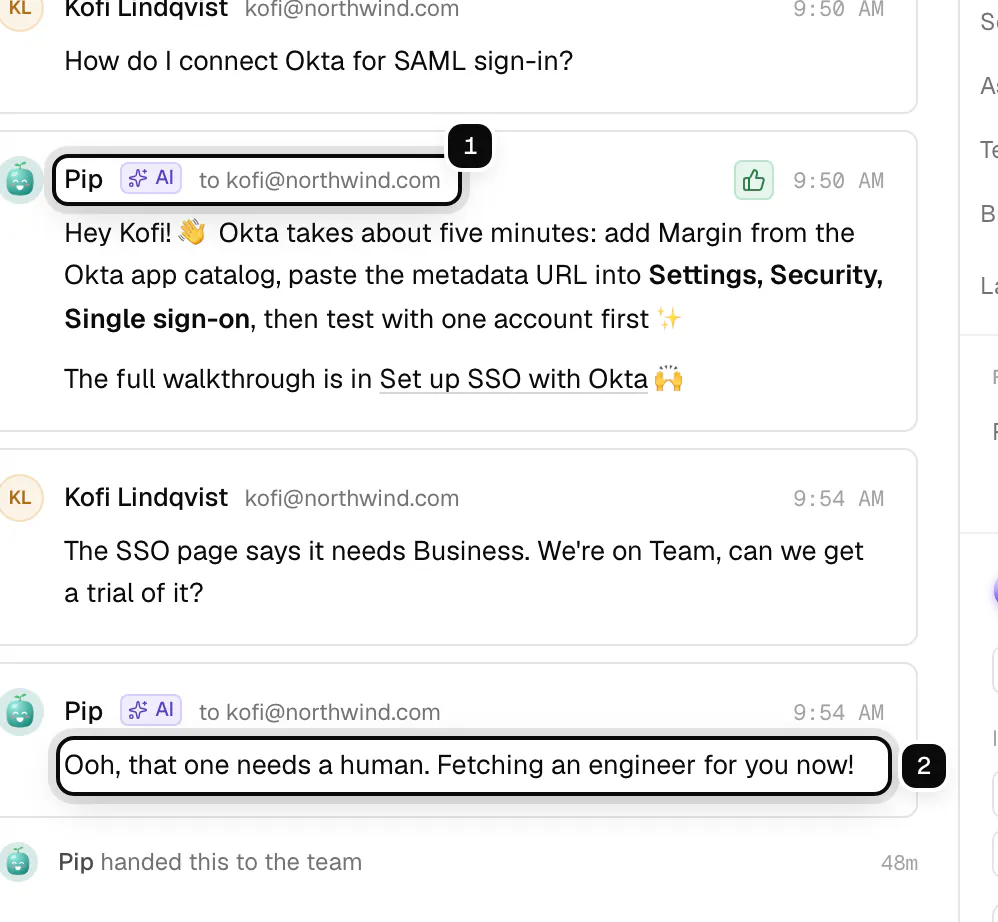 A chat on the Docs widget: Pip's answer with the AI label ringed as 1, and its handoff message ringed as 2