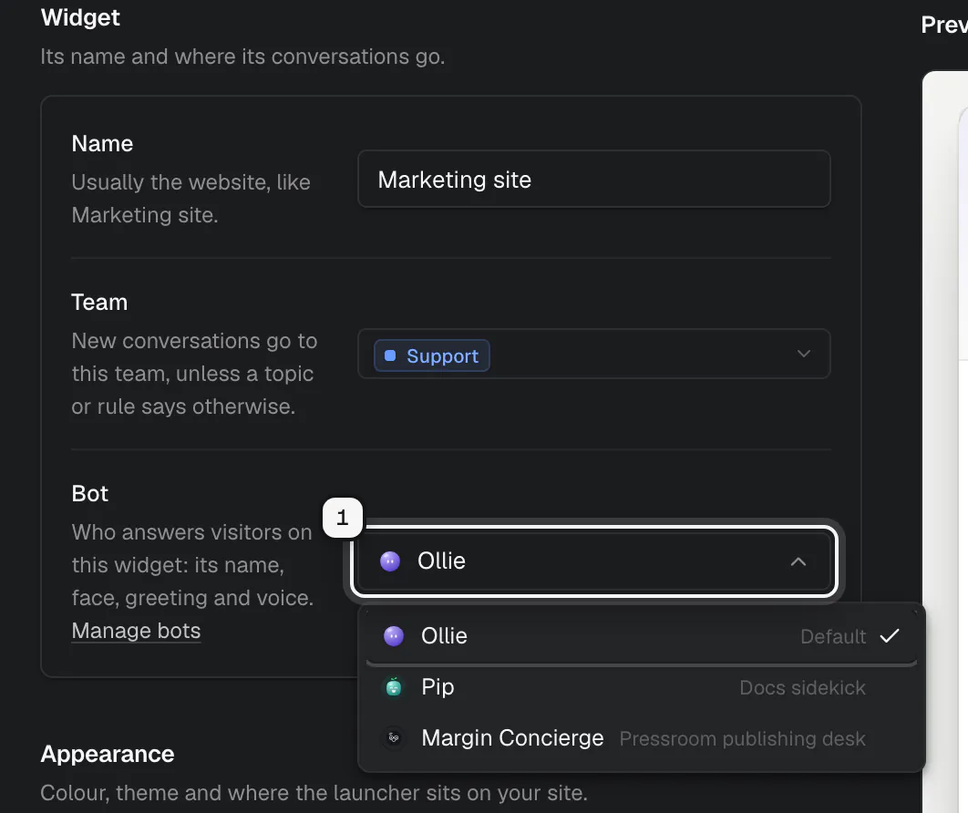 The Marketing site widget with its Bot picker ringed as 1 and open, listing Ollie as default, Pip and Margin Concierge
