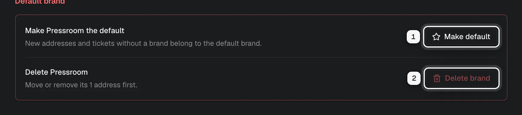 The Default brand section of Pressroom: Make default ringed as 1, and Delete brand ringed as 2, unavailable while the brand has an address