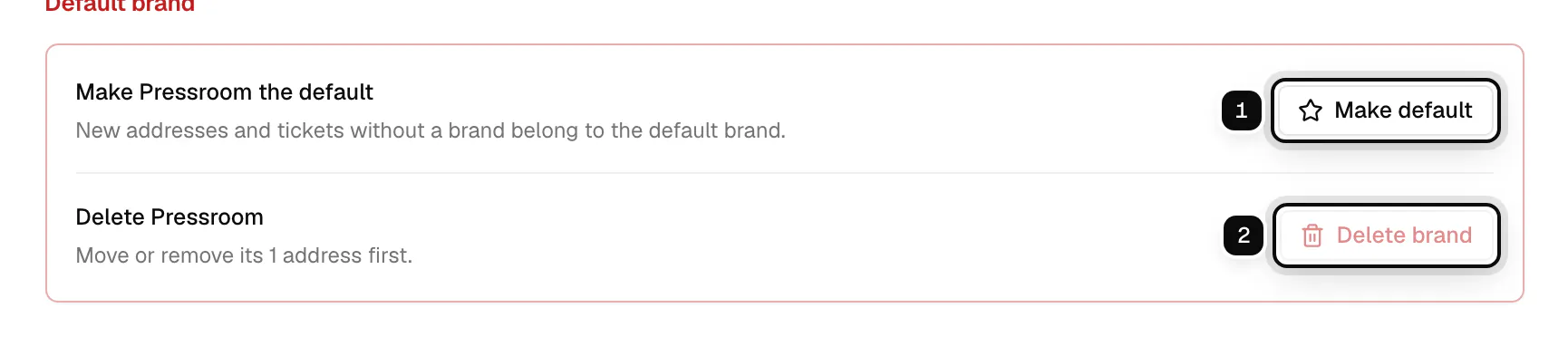 The Default brand section of Pressroom: Make default ringed as 1, and Delete brand ringed as 2, unavailable while the brand has an address
