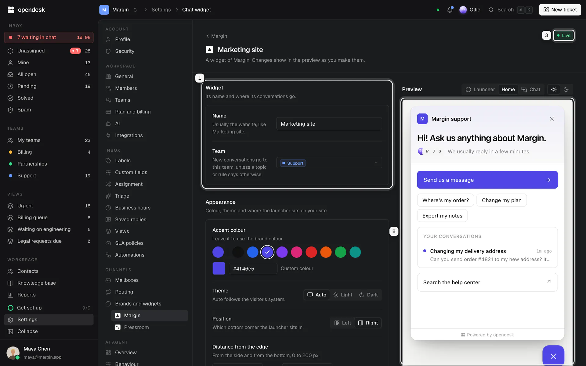 The Marketing site widget page: its name and team ringed as 1, the live preview ringed as 2, and the Live pill ringed as 3