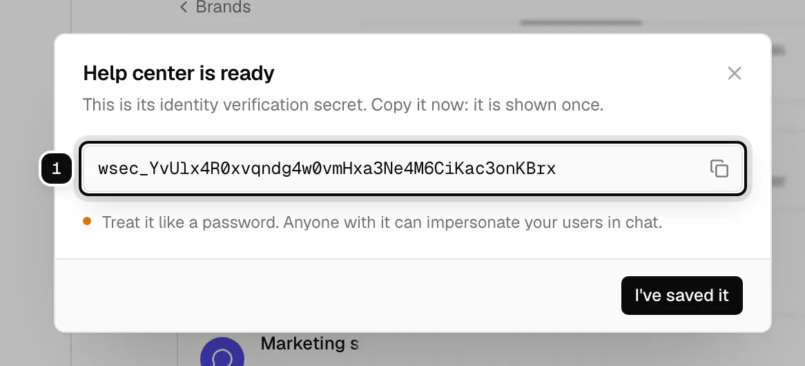 The dialog shown after creating a widget, with its secret ringed and the note that it is shown once