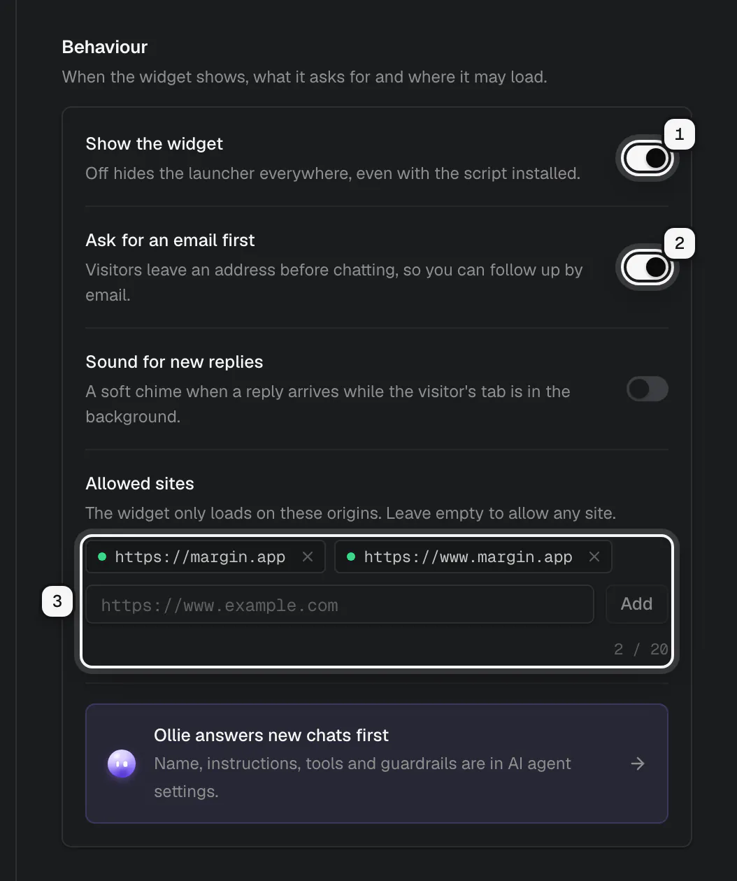 The Behaviour section: Show the widget ringed as 1, Ask for an email first ringed as 2, and Allowed sites with https://margin.app and https://www.margin.app ringed as 3