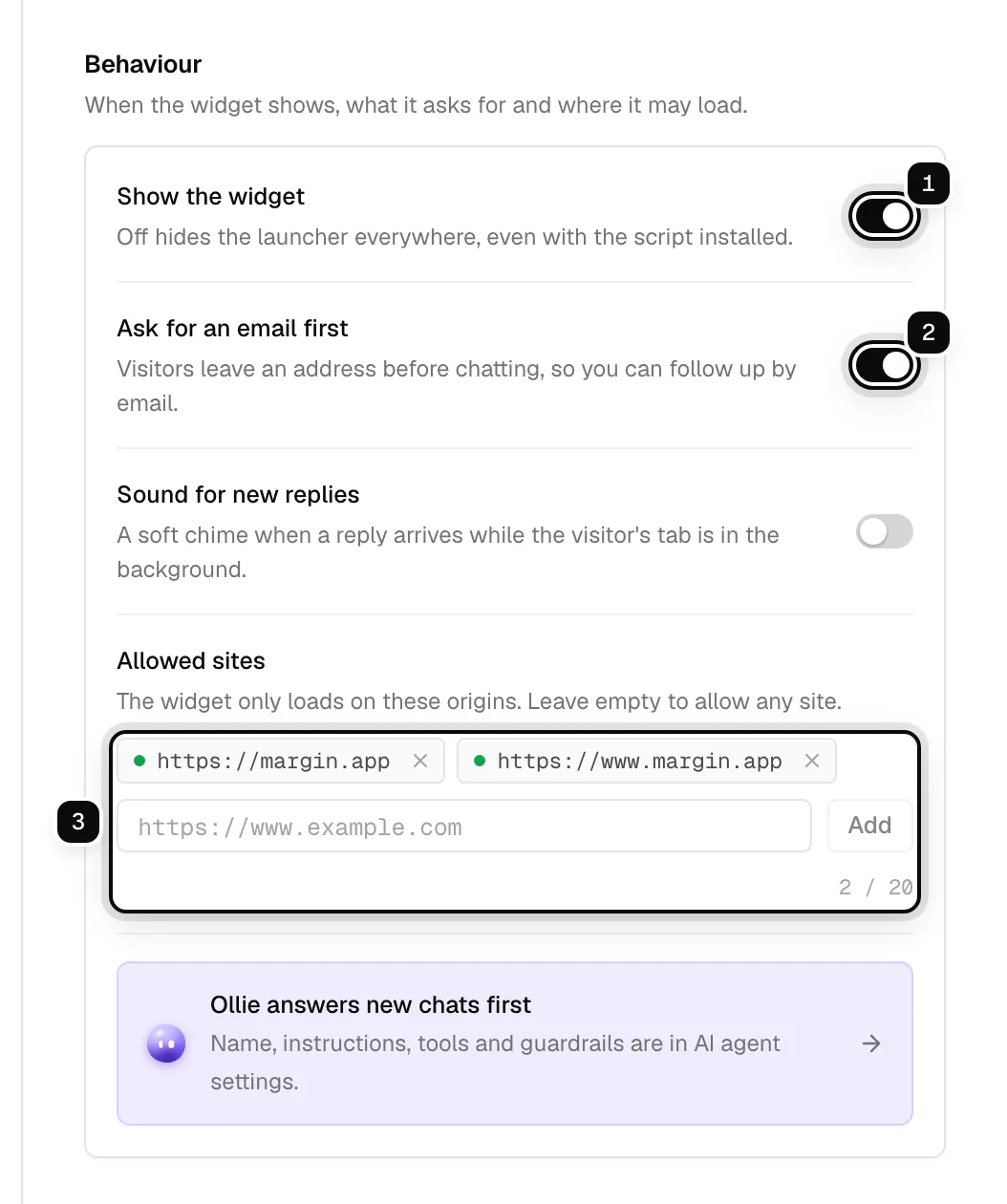 The Behaviour section: Show the widget ringed as 1, Ask for an email first ringed as 2, and Allowed sites with https://margin.app and https://www.margin.app ringed as 3
