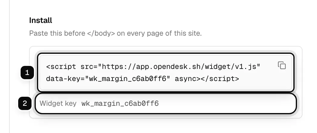 The Install section: the script snippet ringed as 1, and the widget key wk_margin_c6ab0ff6 ringed as 2