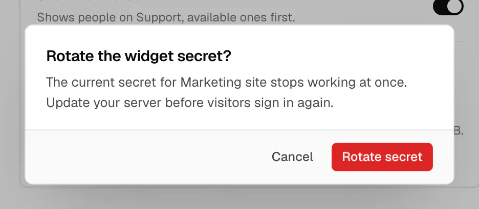 The Rotate the widget secret dialog: the current secret for Marketing site stops working at once, with Cancel and Rotate secret