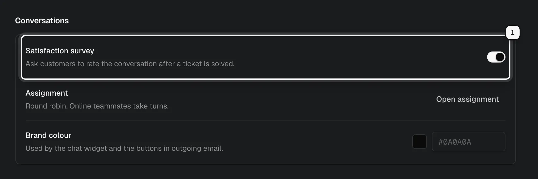 The Conversations section of the workspace settings, with the Satisfaction survey switch ringed as 1, on