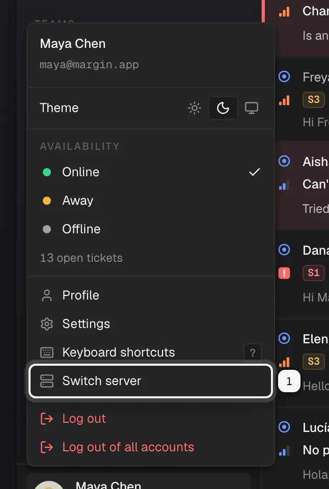 The account menu in the desktop app with Switch server ringed as 1, between Keyboard shortcuts and Log out