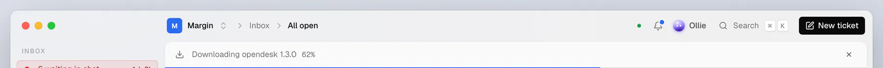 The top of the desktop window with the strip Downloading opendesk 1.3.0, 62 percent