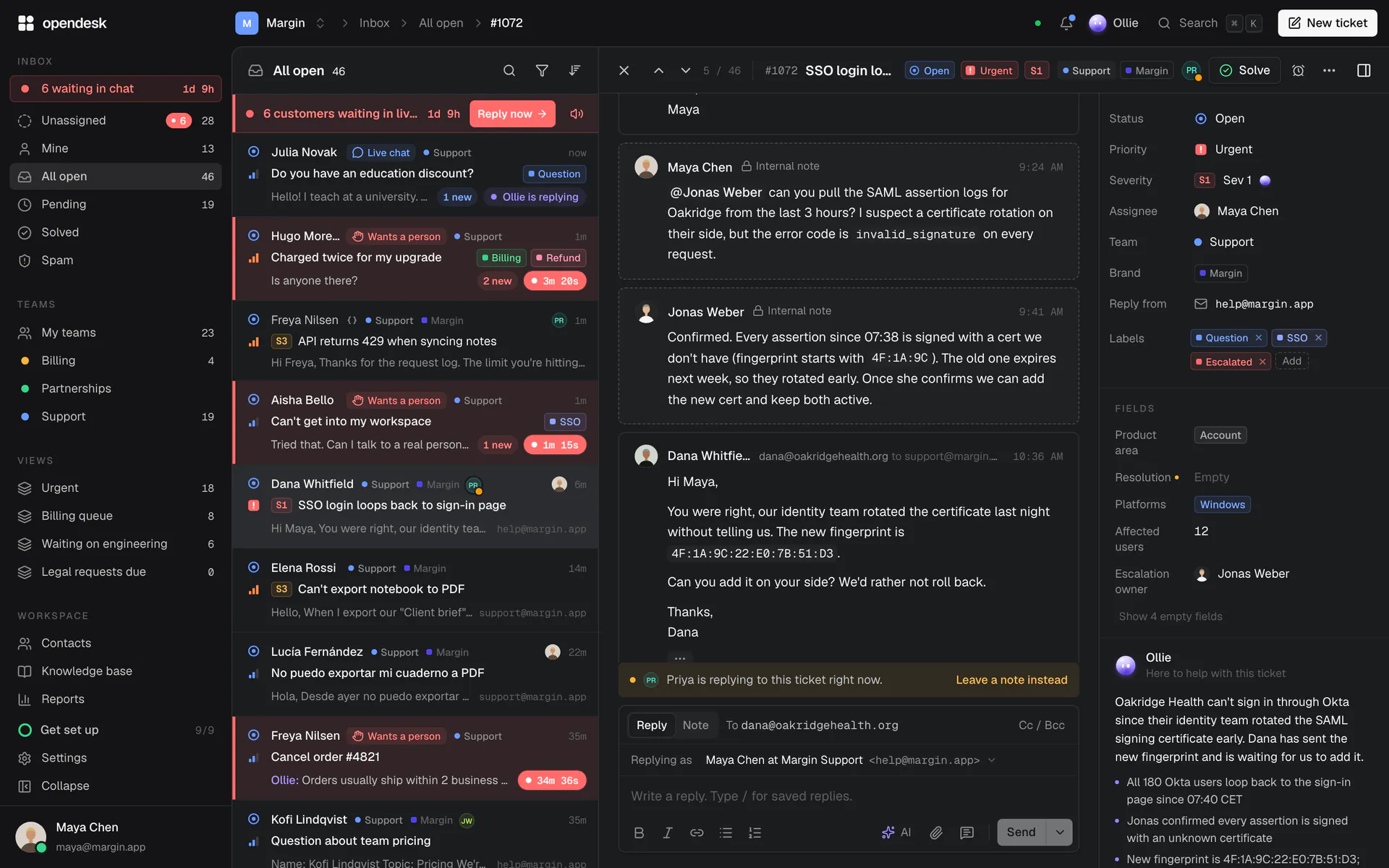 The opendesk inbox: folders, teams and views in the sidebar, the ticket list, and an email ticket open with its timeline, the reply box, the ticket's details and Ollie's summary