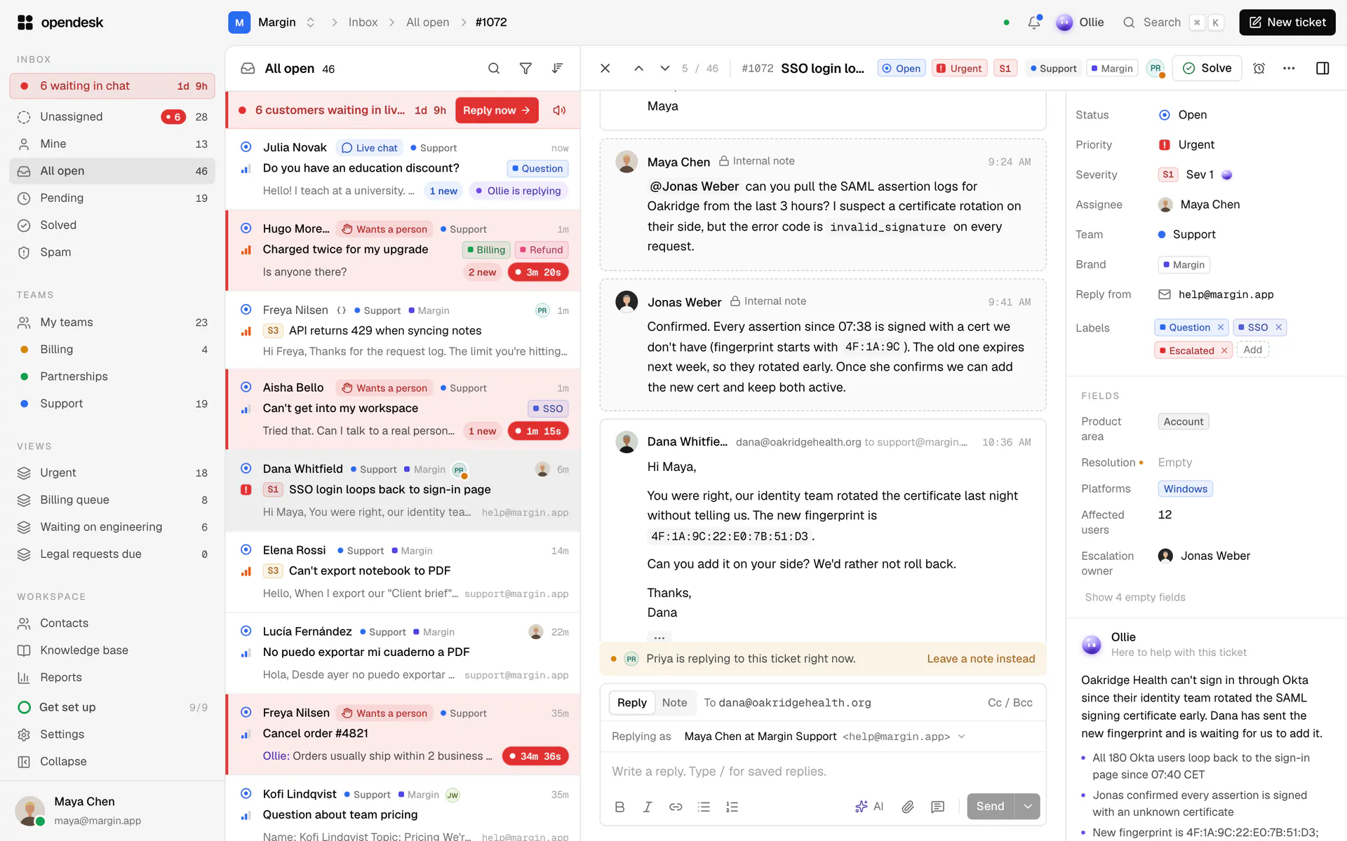 The opendesk inbox: folders, teams and views in the sidebar, the ticket list, and an email ticket open with its timeline, the reply box, the ticket's details and Ollie's summary