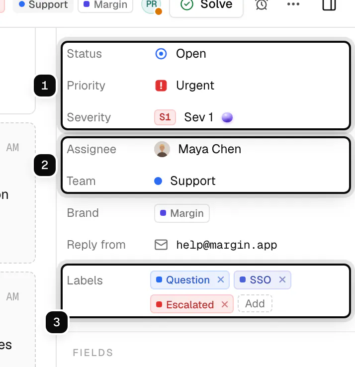 The details panel: status, priority and severity ringed as 1, assignee and team ringed as 2, labels ringed as 3