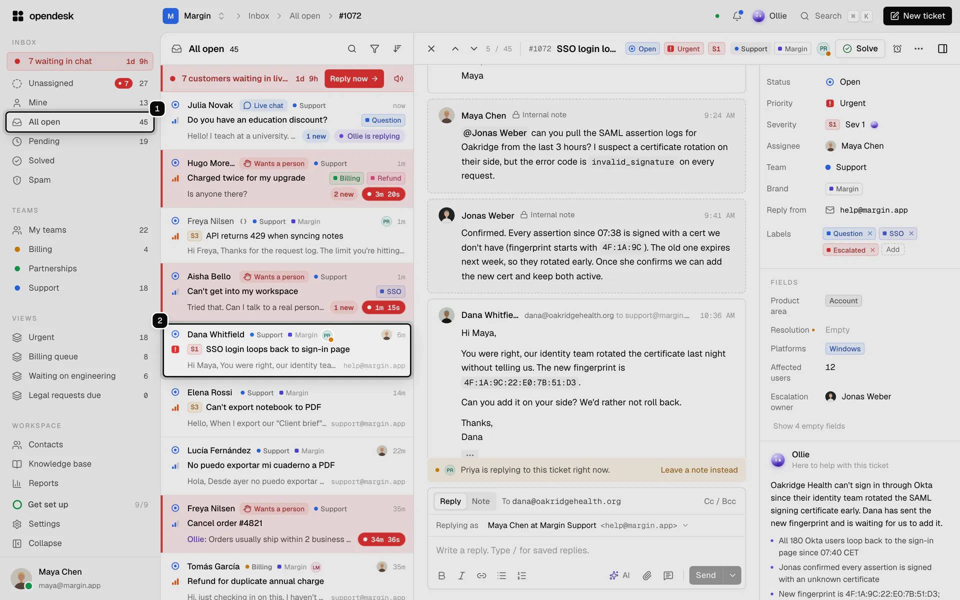 The inbox with the All open folder ringed as 1 and a ticket in the list ringed as 2