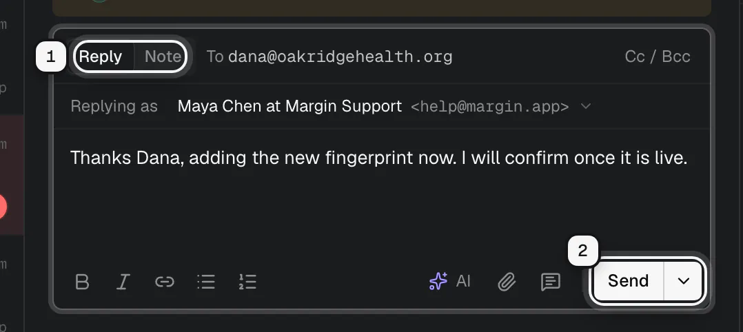 The reply box with a drafted reply: the Reply and Note tabs ringed as 1, the Send button and its menu ringed as 2