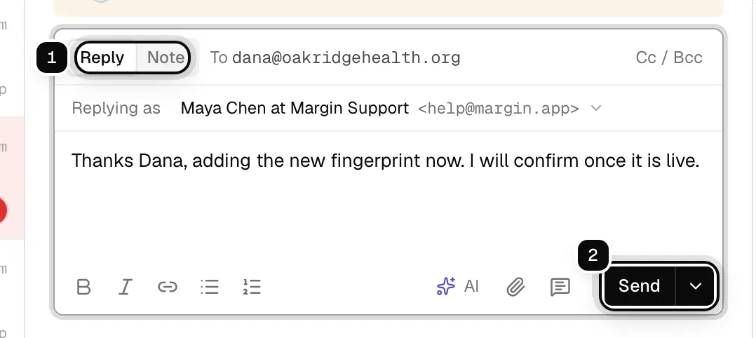 The reply box with a drafted reply: the Reply and Note tabs ringed as 1, the Send button and its menu ringed as 2