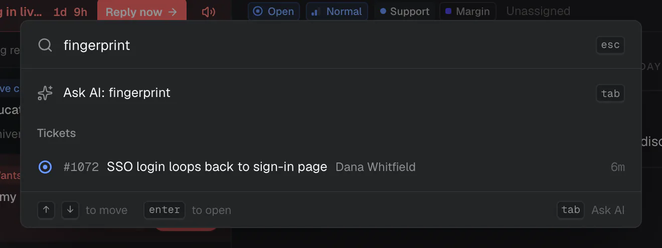 The command menu searching for fingerprint, with a matching ticket listed
