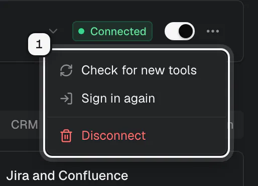 The actions menu of an integration ringed as 1: Check for new tools, Sign in again and Disconnect