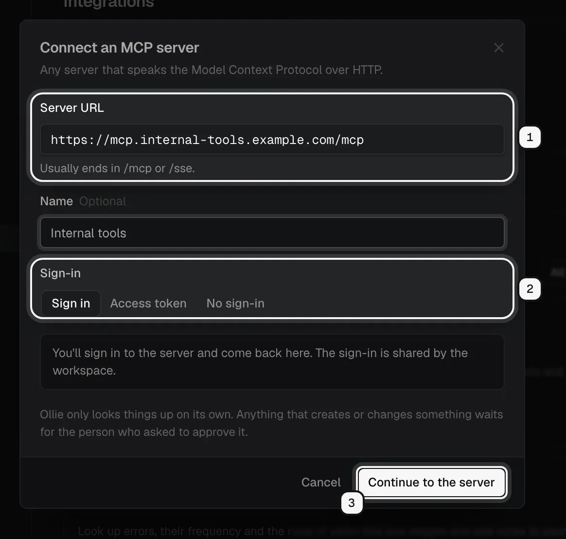 The Connect an MCP server dialog: the Server URL ringed as 1, the Sign in, Access token and No sign-in choices ringed as 2, and Continue to the server ringed as 3