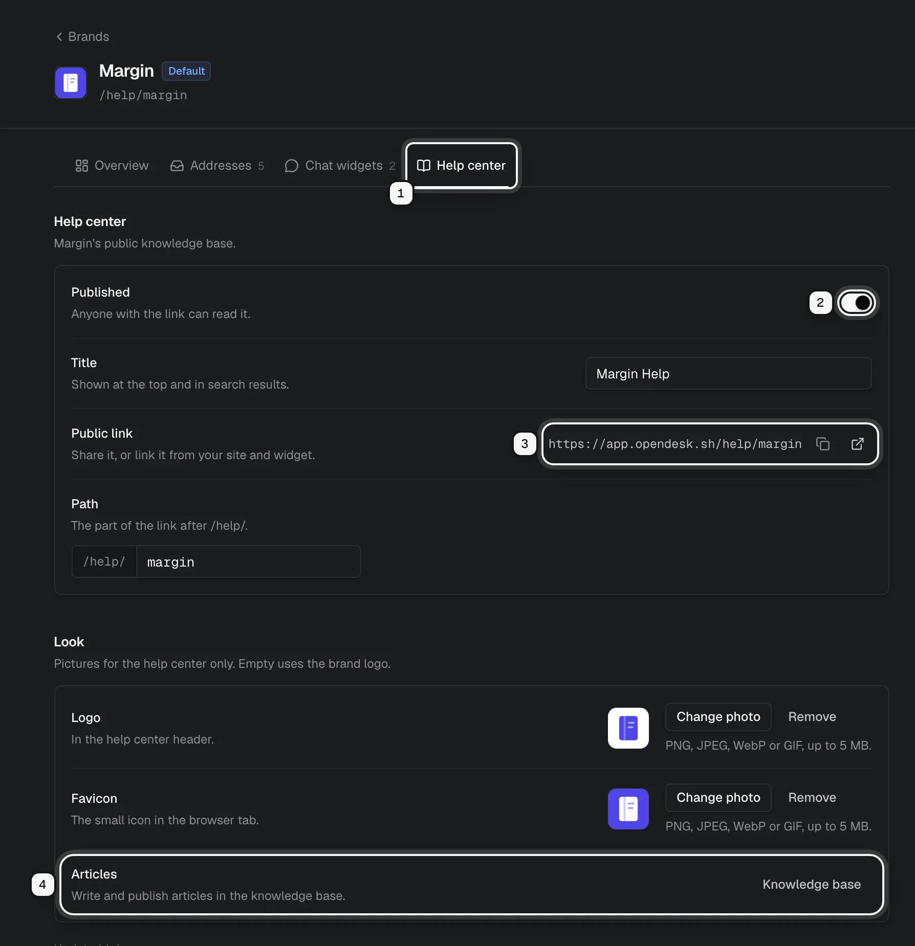 A brand's Help center tab ringed as 1, with Published ringed as 2, the public link https://app.opendesk.sh/help/margin ringed as 3, and the link to the knowledge base articles ringed as 4