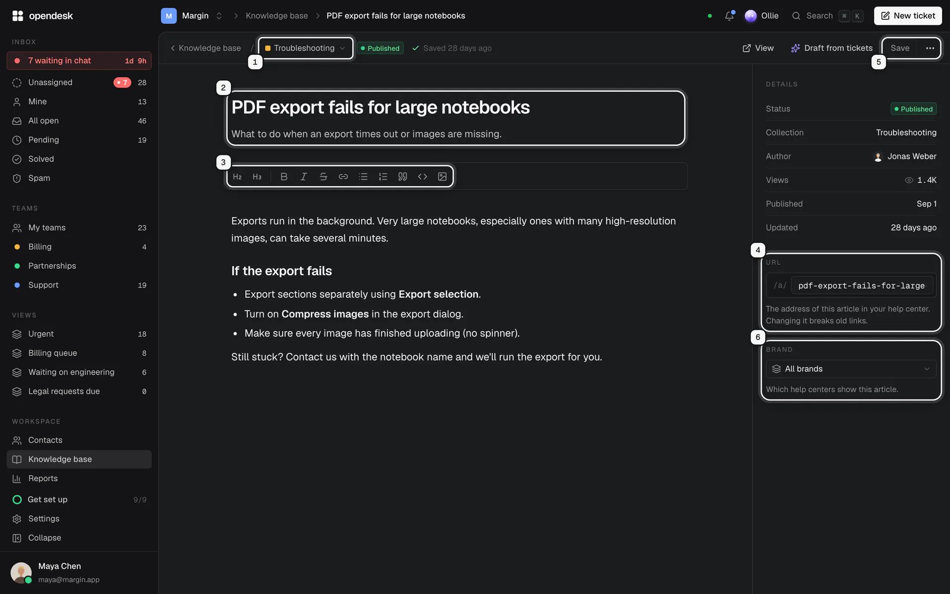The article editor: the collection picker ringed as 1, the title and summary as 2, the formatting toolbar as 3, the article's URL as 4, Save with the more actions menu as 5, and the Brand picker as 6