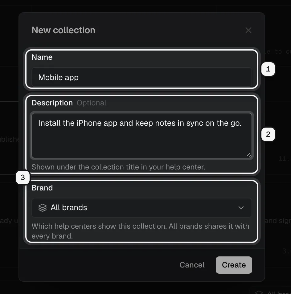 The new collection dialog with the Name field ringed as 1, the Description field ringed as 2 and the Brand picker ringed as 3