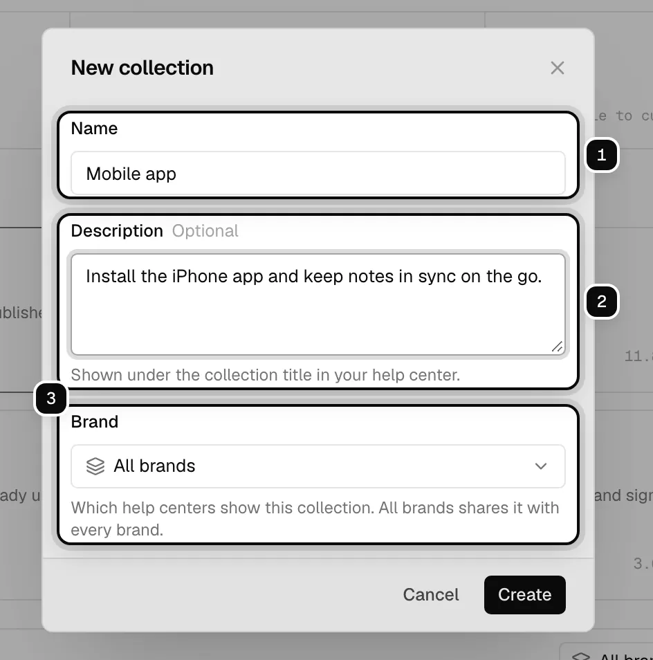 The new collection dialog with the Name field ringed as 1, the Description field ringed as 2 and the Brand picker ringed as 3