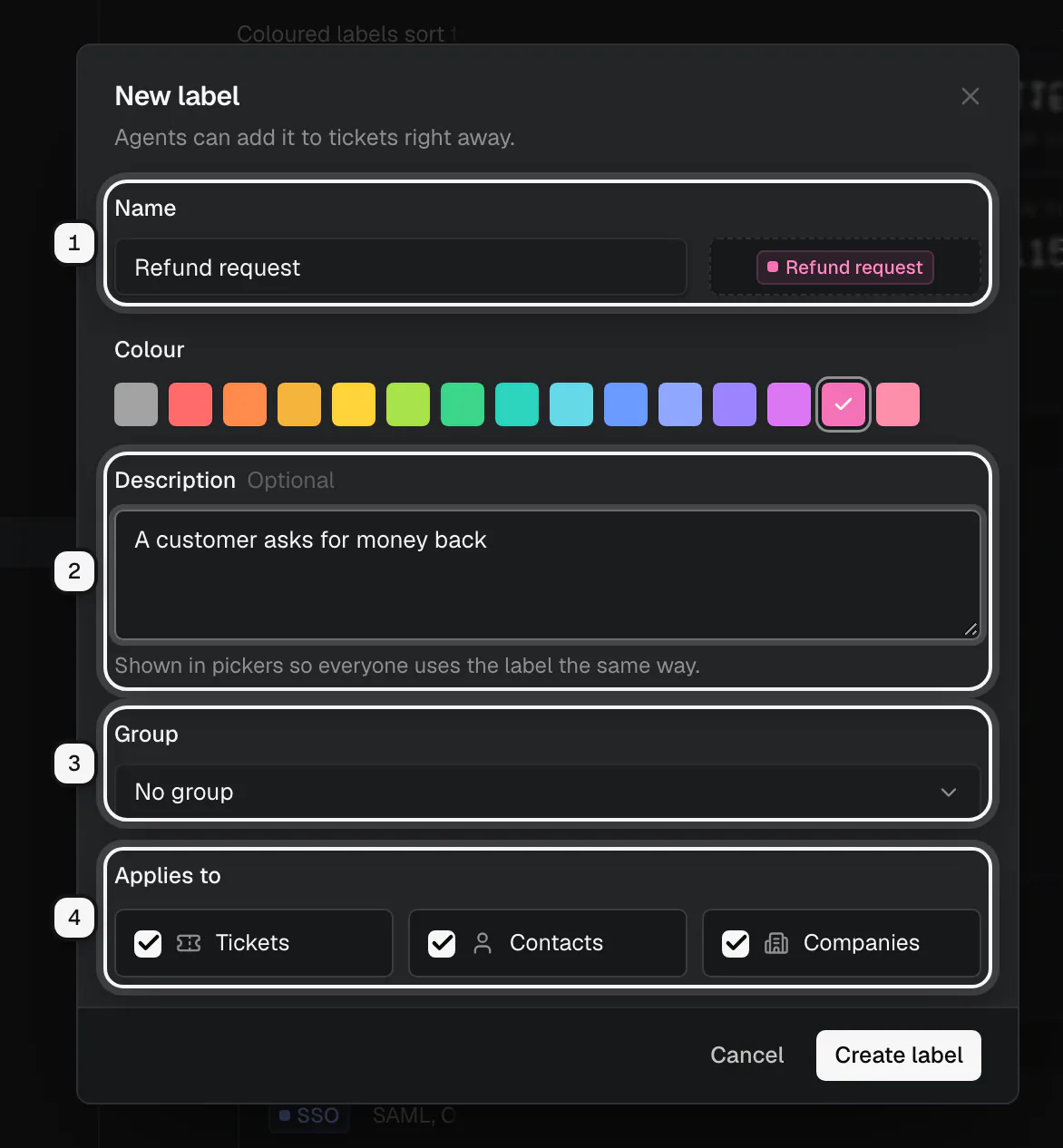 The New label dialog: Name ringed as 1, Description ringed as 2, Group ringed as 3, and Applies to with Tickets, Contacts and Companies ringed as 4