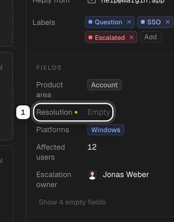The Fields section of a ticket's details panel, with the Resolution field, marked required by a dot and still empty, ringed as 1