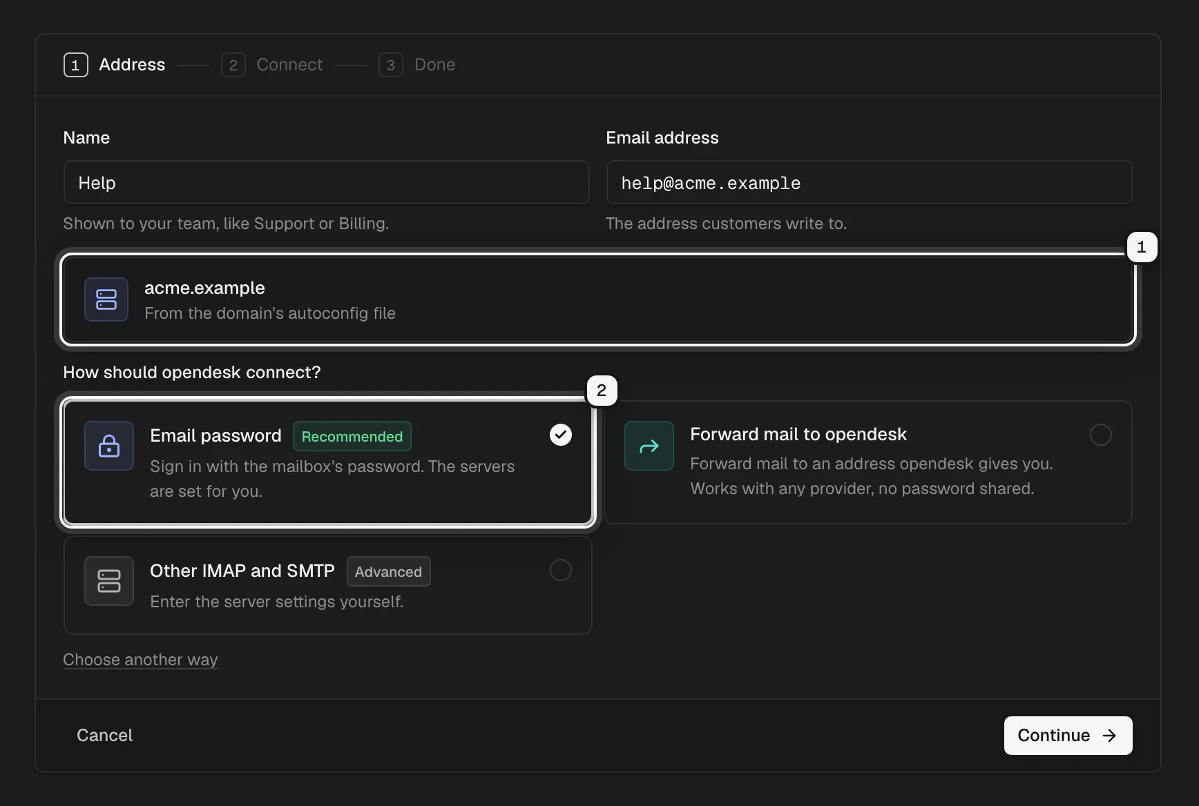 Add a mailbox for help@acme.example: the servers found from the domain's autoconfig file ringed as 1, and Email password, recommended, ringed as 2