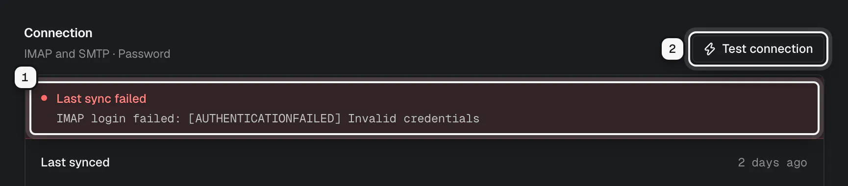 A mailbox's Connection section: the last sync error ringed as 1, and the Test connection button ringed as 2